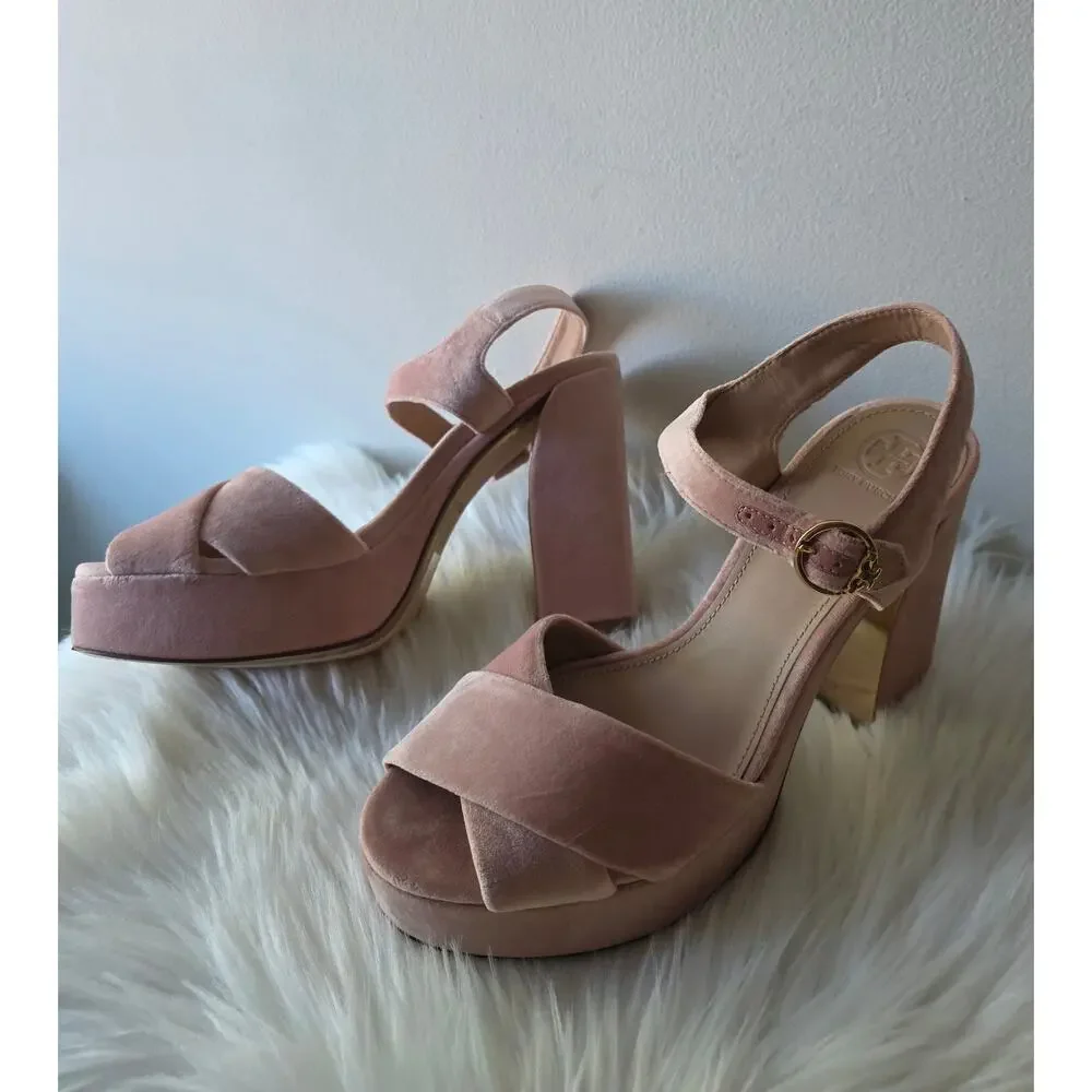 Tory Burch Loretta Velvet Plateau Sandals Blush Pink Size 10.5